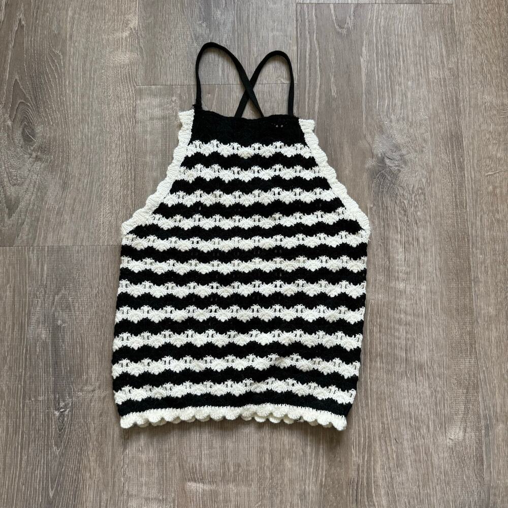 Black and white striped crocheted tank